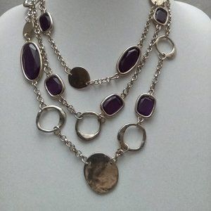 Purple Gold Tone Chico's Triple Strand Necklace Circle Rolo Chain